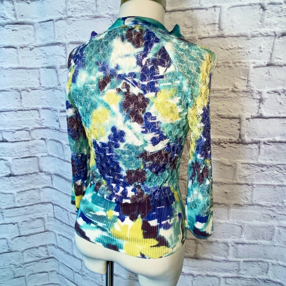 St John. Watercolor Button Up Cardigan in Blues, Yellow, Green. Size XS. - Picture 6 of 12